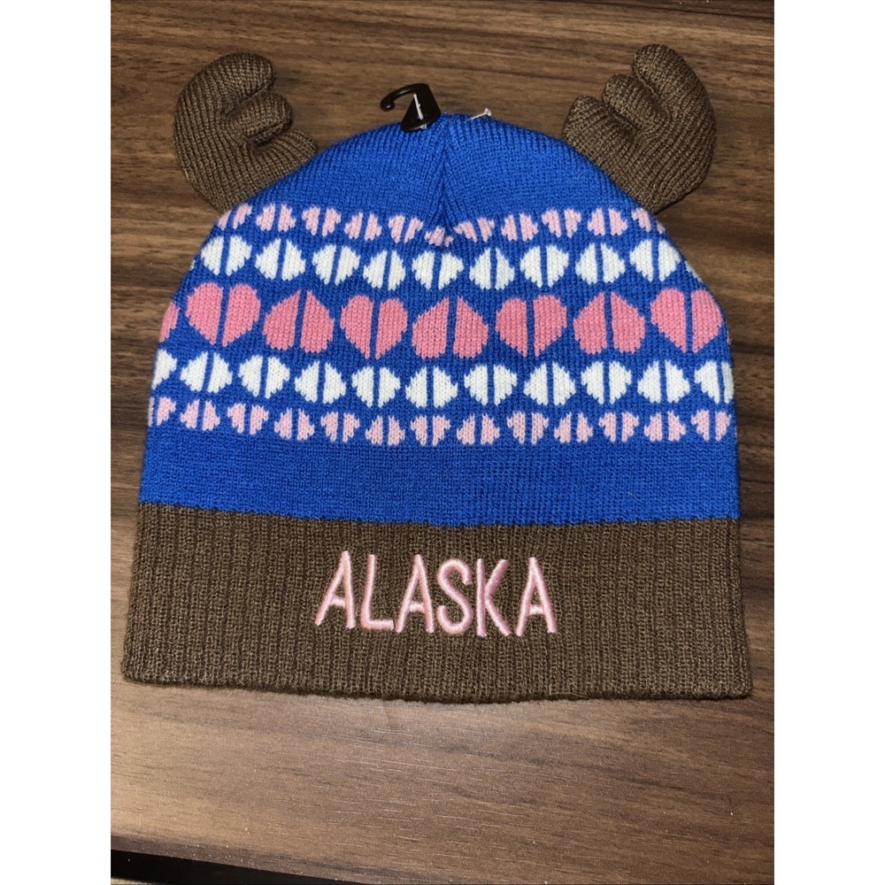 New Alaska Youth Winter Moose Ears Beanie Hat Toboggan Blue Brown Embroidered